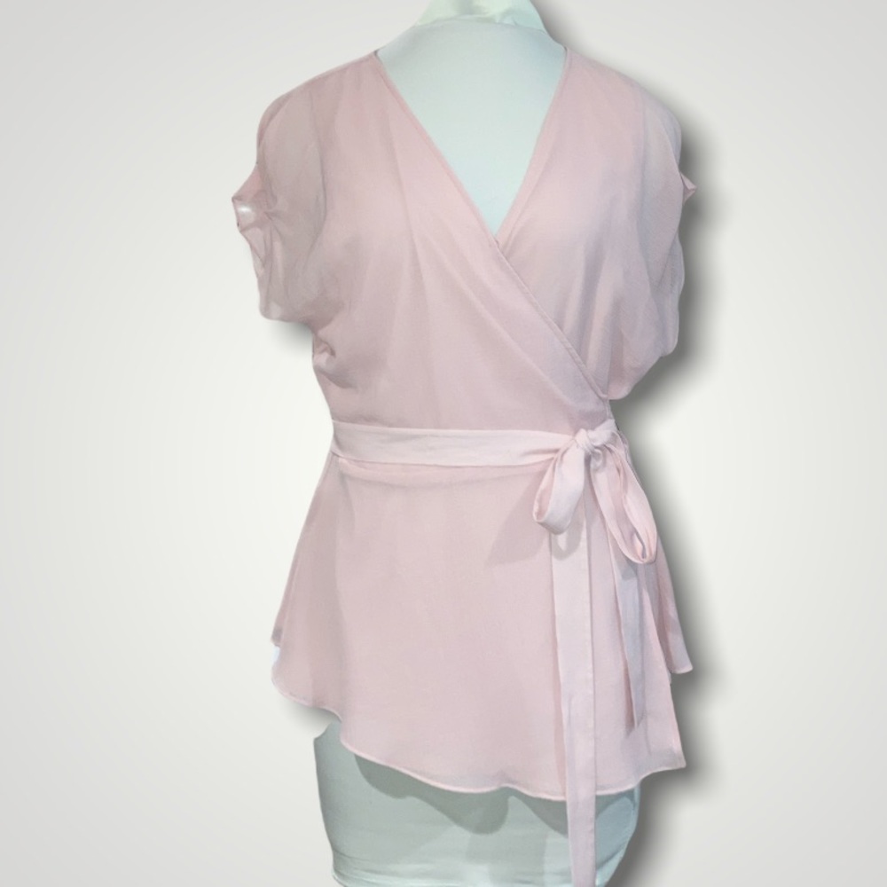 H Halston Wrap Peplum Blouse with Pleated Short Sleeve Detail Soft Pink Sz Large